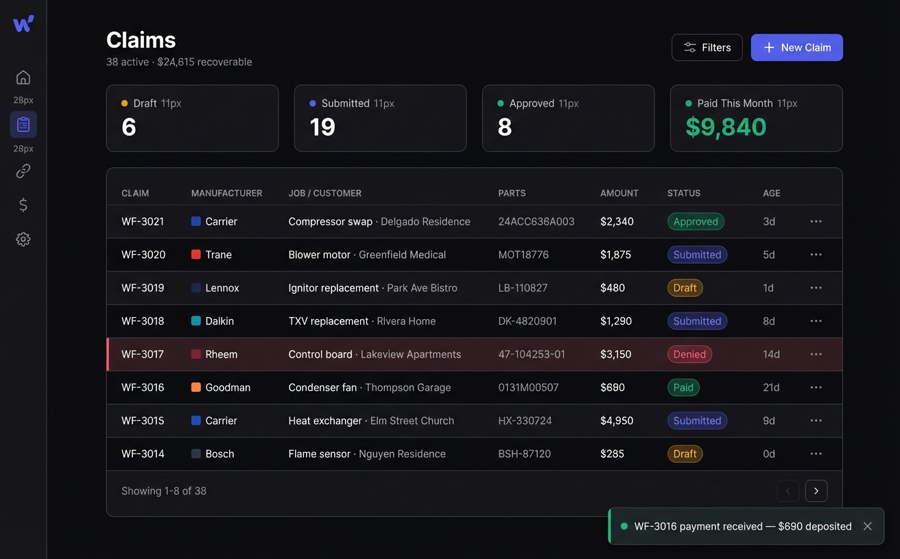 WarrantyFlow dashboard